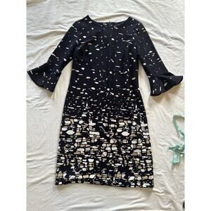 ILE New York Black White Tan Abstract Print Bell Sleeve Dress Size 8